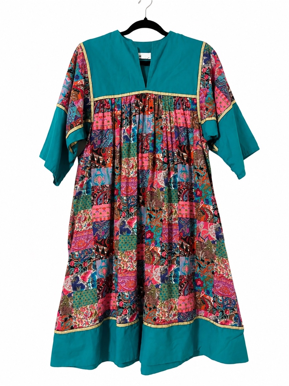 Krist Gudnason Patchwork Midi Dress in Blue & Multicolor Like New